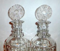 Vintage 1960 Pair Modernist Thumbprint Heavy Cut Glass Matched Spirits Decanters