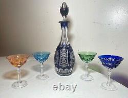 Vintage 5 piece cut to clear crystal Czech Bohemian cut glass decanter set stems