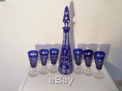 Vintage 7 piece Bohemian art glass cobalt cut to clear decanter set, Big17 tall