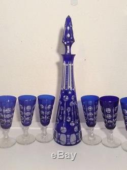 Vintage 7 piece Bohemian art glass cobalt cut to clear decanter set, Big17 tall