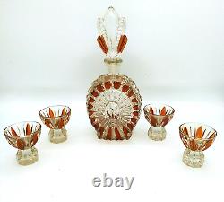 Vintage 9 Amber Cut to Clear crystal liquor Decanter 4 Matching Shot Glasses