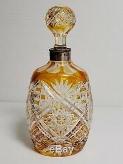 Vintage AMBER Cut to Clear Bohemian Czech Crystal DECANTER with SILVER Neck Band
