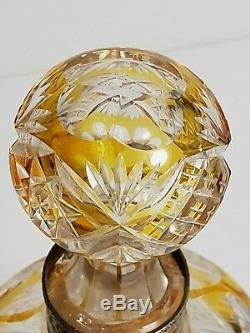 Vintage AMBER Cut to Clear Bohemian Czech Crystal DECANTER with SILVER Neck Band