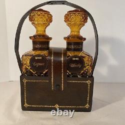 Vintage Amber Glass Diamond Cut Decanter Set Leather Caddy Excellent Italy