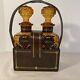 Vintage Amber Glass Diamond Cut Decanter Set Leather Caddy Excellent Italy