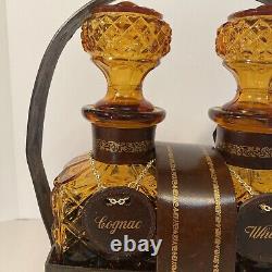 Vintage Amber Glass Diamond Cut Decanter Set Leather Caddy Excellent Italy