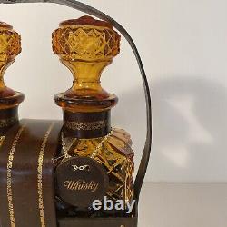 Vintage Amber Glass Diamond Cut Decanter Set Leather Caddy Excellent Italy