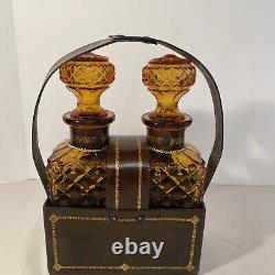 Vintage Amber Glass Diamond Cut Decanter Set Leather Caddy Excellent Italy