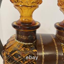 Vintage Amber Glass Diamond Cut Decanter Set Leather Caddy Excellent Italy