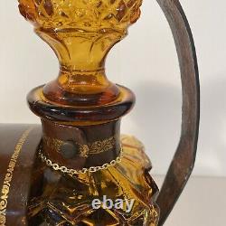 Vintage Amber Glass Diamond Cut Decanter Set Leather Caddy Excellent Italy