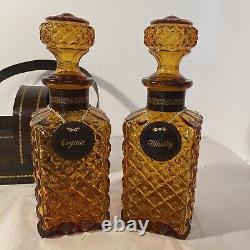 Vintage Amber Glass Diamond Cut Decanter Set Leather Caddy Excellent Italy