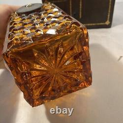 Vintage Amber Glass Diamond Cut Decanter Set Leather Caddy Excellent Italy