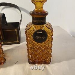 Vintage Amber Glass Diamond Cut Decanter Set Leather Caddy Excellent Italy