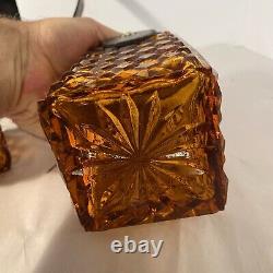 Vintage Amber Glass Diamond Cut Decanter Set Leather Caddy Excellent Italy