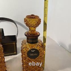 Vintage Amber Glass Diamond Cut Decanter Set Leather Caddy Excellent Italy