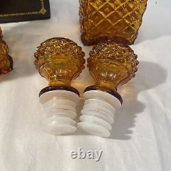 Vintage Amber Glass Diamond Cut Decanter Set Leather Caddy Excellent Italy