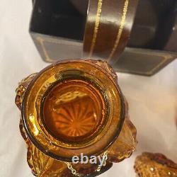 Vintage Amber Glass Diamond Cut Decanter Set Leather Caddy Excellent Italy