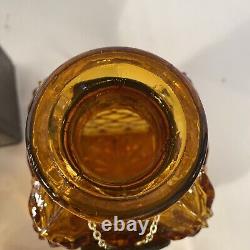 Vintage Amber Glass Diamond Cut Decanter Set Leather Caddy Excellent Italy