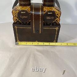 Vintage Amber Glass Diamond Cut Decanter Set Leather Caddy Excellent Italy