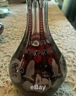 Vintage Antique Bohemian Ruby Red Cut To Clear Art Glass Decanter