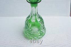 Vintage Antique Cut to Clear Green Decanter Crystal Glass with Original Stopper