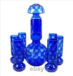 Vintage Art Glass Blue Cut Etched Glass Decanter Set with 10oz Cocktail Glasses