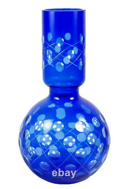 Vintage Art Glass Blue Cut Etched Glass Decanter Set with 10oz Cocktail Glasses