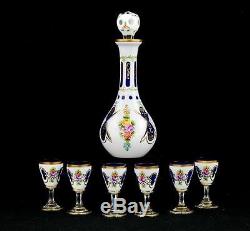 Vintage BOHEMIAN Art Glass CUT To COBALT Blue DECANTER Set CORDIAL Goblet WHITE