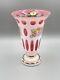 Vintage Bohemian Czech Cased Glass White Overlay Cut To Pink Cranberry 8 Vase