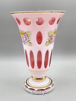 Vintage BOHEMIAN CZECH Cased Glass White Overlay Cut to Pink Cranberry 8 VASE