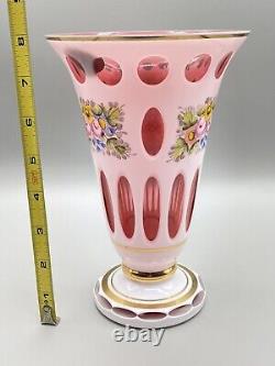 Vintage BOHEMIAN CZECH Cased Glass White Overlay Cut to Pink Cranberry 8 VASE
