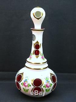 Vintage BOHEMIAN CZECH MOSER White Cased Glass cut to Ruby Decanter