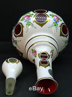 Vintage BOHEMIAN CZECH MOSER White Cased Glass cut to Ruby Decanter
