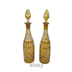 Vintage Bohemian Amber Cut to Clear Glass Decanter Set of 2