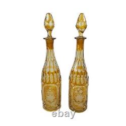 Vintage Bohemian Amber Cut to Clear Glass Decanter Set of 2