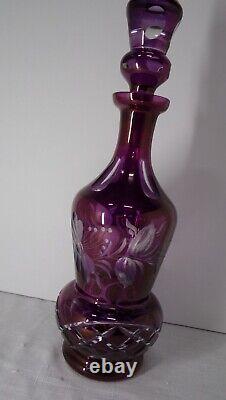Vintage Bohemian Amethyst Cut To Clear Crystal Glass 16'' Decanter & Stopper