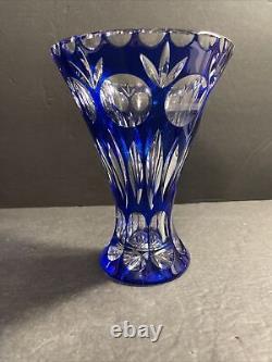 Vintage Bohemian Blue 7 Vase Czech BLUE Cut to Clear Glass Cobalt EUC