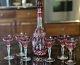 Vintage Bohemian Cranberry Cut To Clear Decanter & 6 Wine Glasses Htf Stopper