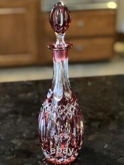 Vintage Bohemian Cranberry Cut to Clear Decanter & 6 Wine Glasses HTF Stopper
