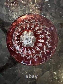 Vintage Bohemian Cranberry Cut to Clear Decanter & 6 Wine Glasses HTF Stopper