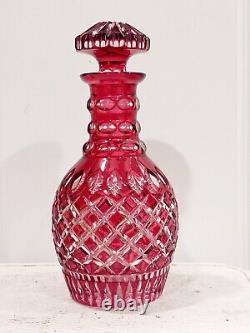 Vintage Bohemian Cranberry Cut to Clear Glass Decanter With Stopper