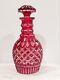 Vintage Bohemian Cranberry Cut To Clear Glass Decanter With Stopper