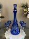 Vintage Bohemian Crystal Cobalt Blue Cut To Clear Decanter & Set Of 5 Cordials