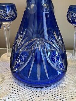 Vintage Bohemian Crystal Cobalt Blue Cut to Clear Decanter & Set of 5 Cordials