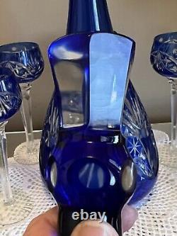Vintage Bohemian Crystal Cobalt Blue Cut to Clear Decanter & Set of 5 Cordials
