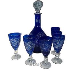 Vintage Bohemian Crystal Cobalt Blue Cut to Clear Decanter & Set of 6 Cordials