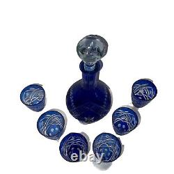 Vintage Bohemian Crystal Cobalt Blue Cut to Clear Decanter & Set of 6 Cordials