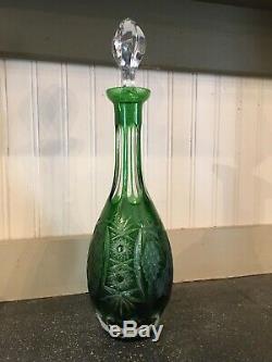 Vintage Bohemian Crystal Emerald Green Decanter Cut to Clear 15