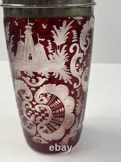 Vintage Bohemian Cut Glass Ruby Red to Clear Cocktail Shaker Nice RARE PATTERN