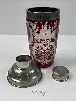 Vintage Bohemian Cut Glass Ruby Red to Clear Cocktail Shaker Nice RARE PATTERN